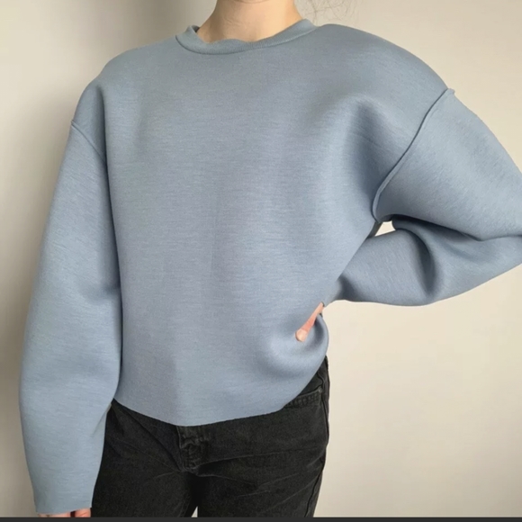 Zara Sweaters - Zara Light Blue Oversized Neoprene Effect Exposed Hem Women's Top Sz Small NWOT